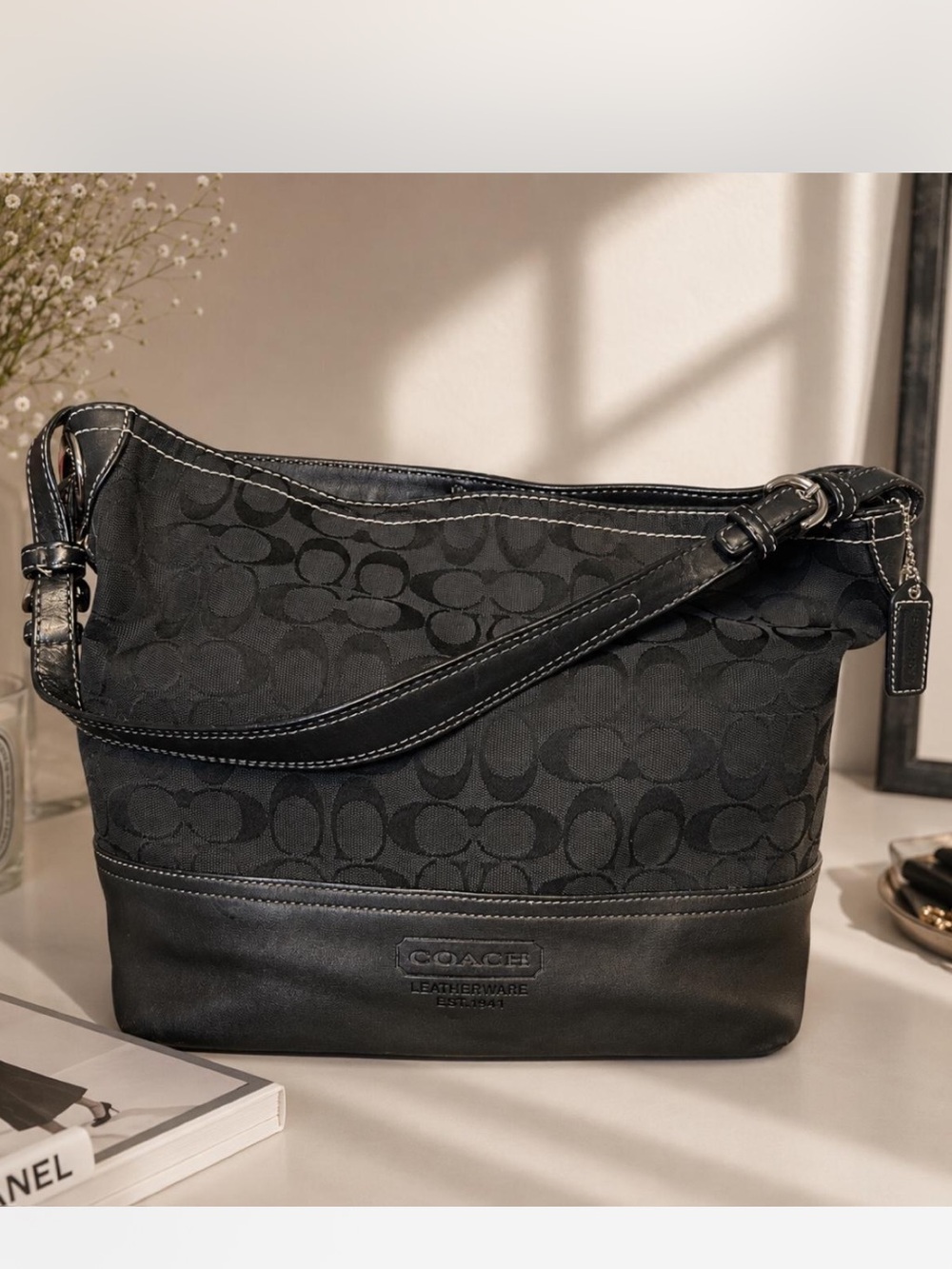 COACH Black Signature Canvas and Leather hobo Shoulder Bag